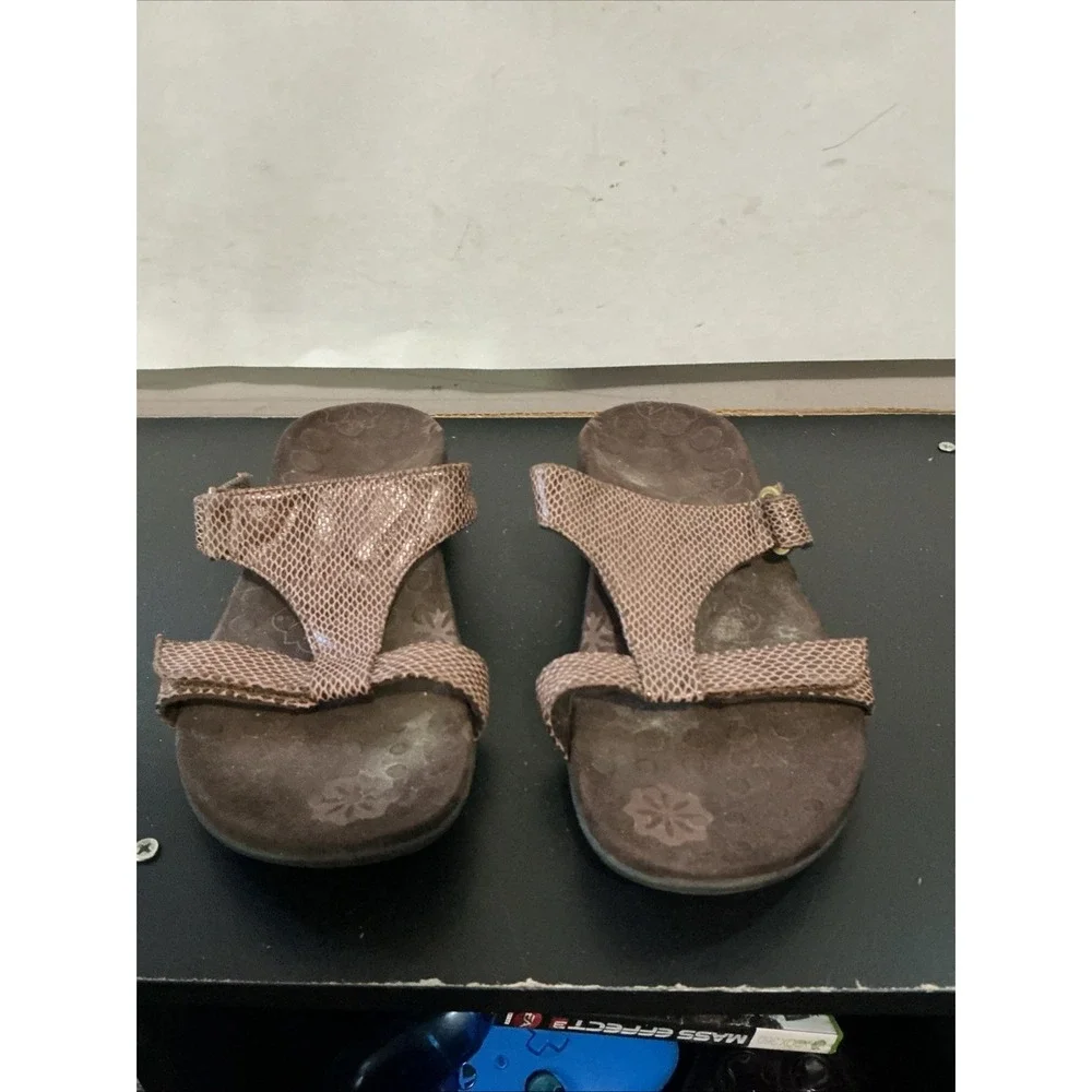 Vionic Orthaheel Molly Adjustable Strap Slide Sandals Snakeskin Brown 5 Slip On